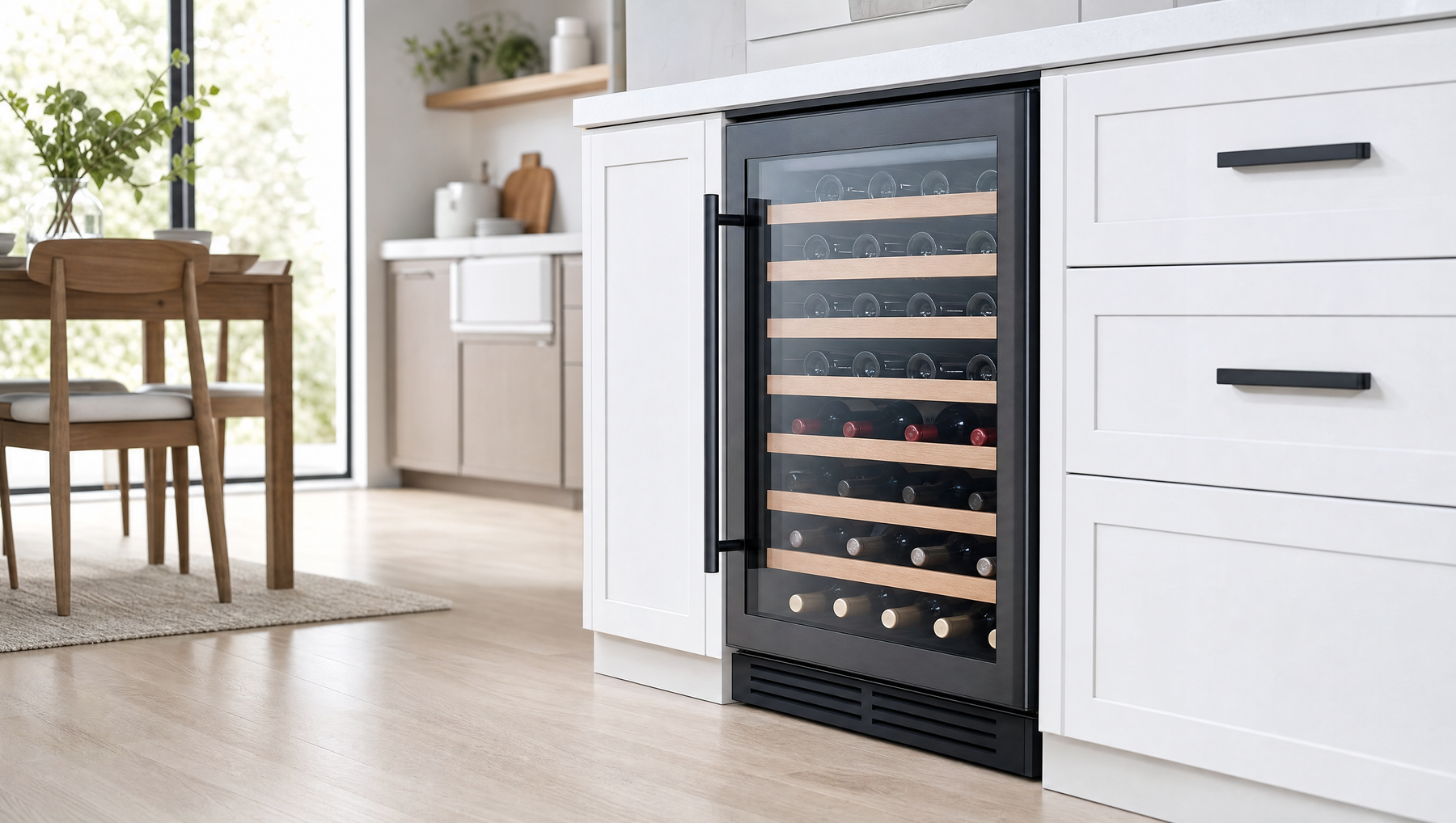 Energiezuinige wijnkoelkast in een lichte keuken