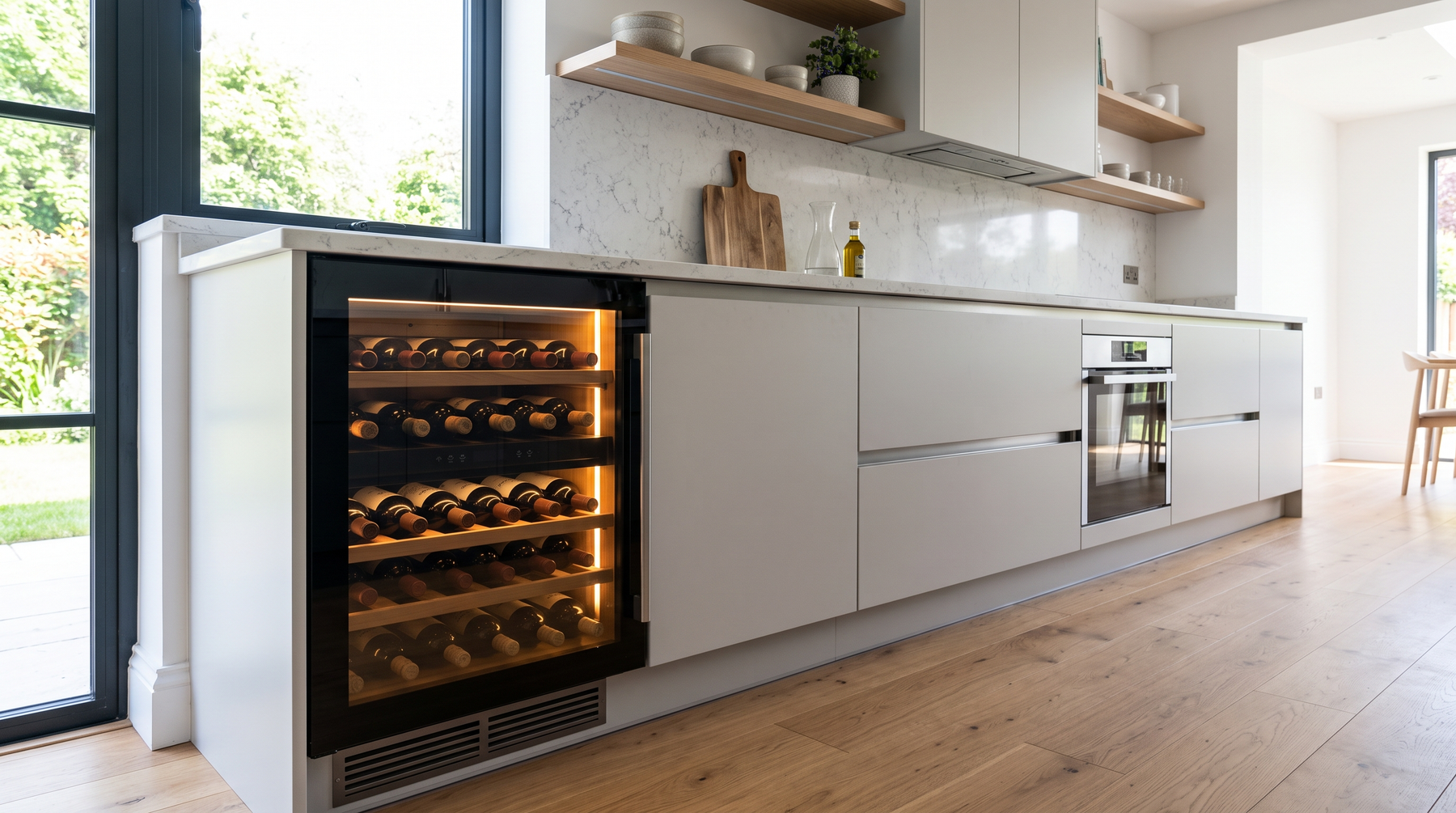 Onderbouw wijnkoelkast ingebouwd onder het werkblad in een nieuwe greeploze keuken, met ventilatierooster in de plint