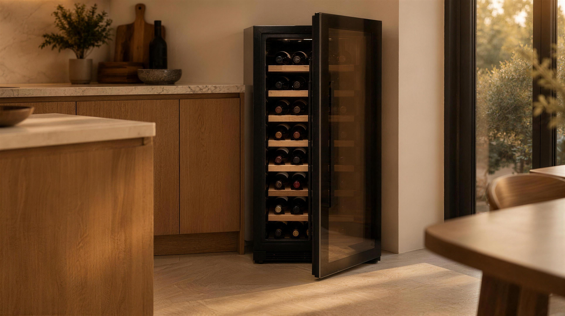 Vrijstaande wijnkoelkast met geopende glasdeur en liggende wijnflessen in een warme houten keuken