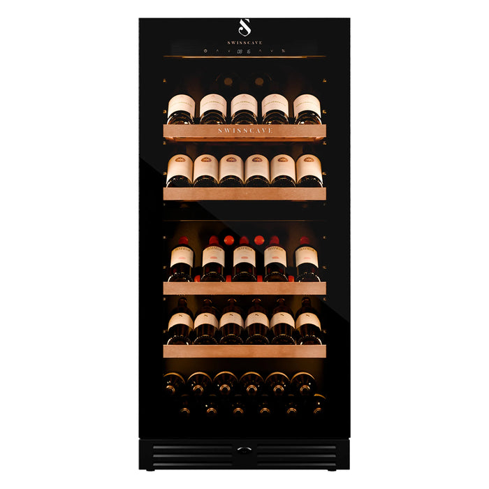 Swisscave Premium WLB-360DFD-MIX vrijstaande wijnkoelkast, vooraanzicht met presentatieleggers
