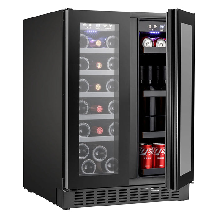 Temptech Epoq EW2DU60B25G met geopende deur, gevuld met wijn en blikjes