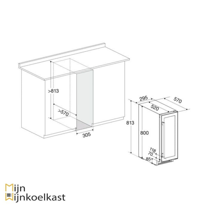 Inbouwtekening Temptech wijnkoelkast