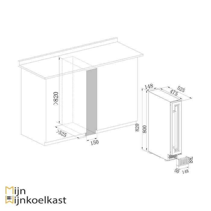 Inbouwtekening Temptech wijnkoelkast